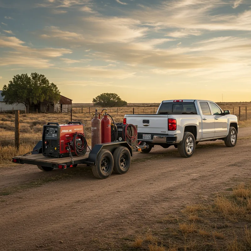 Welding rig mounted on a trailer behind a work truck