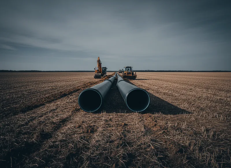Pipe laid out alongside an open trench across a field